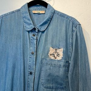 Chambray long sleeve jumpsuit with cat pocket embroidery and drawstring waist